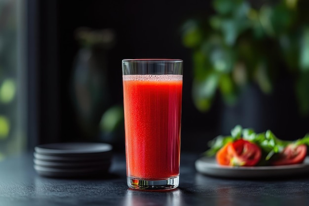 A vibrant glass of red juice beside a plate of rolled snacks set against a dark background