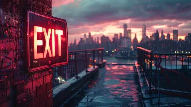 Photo the vibrant glow of a neon exit sign reflects on a wet rooftop with the city skyline silhouetted against a dramatic sunset