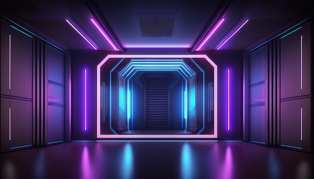 Vibrant Glowing purple and blue neon Laser on a Futuristic SciFi Stage Generative ai