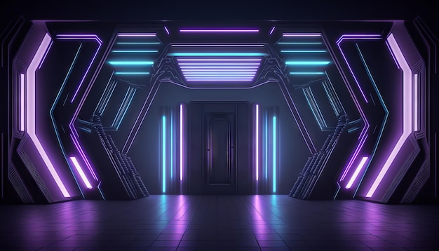 Vibrant Glowing purple and blue neon Laser on a Futuristic SciFi Stage Generative ai