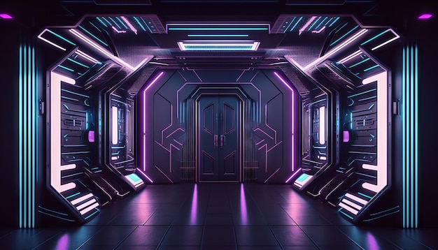 Vibrant Glowing purple and blue neon Laser on a Futuristic SciFi Stage Generative ai