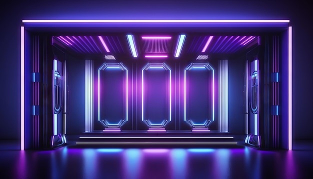 Vibrant Glowing purple and blue neon Laser on a Futuristic SciFi Stage Generative ai