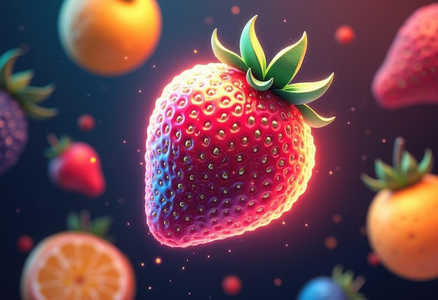 A vibrant glowing strawberry with a golden sheen surrounded by other fruits in a dark background