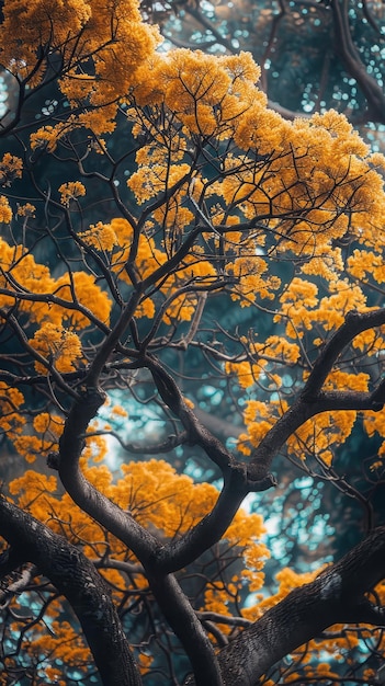 Vibrant golden blooming tree against blue sky A stunning image capturing the striking contrast between the vivid yellow blooms of a tree and the serene blue sky