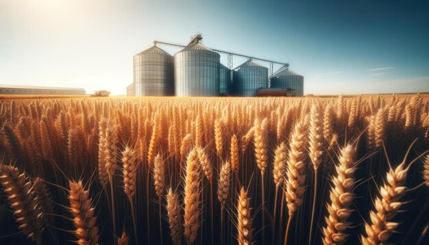 Photo vibrant golden wheat field ready for harvest with tall metal grain silos in the background against a clear blue sky