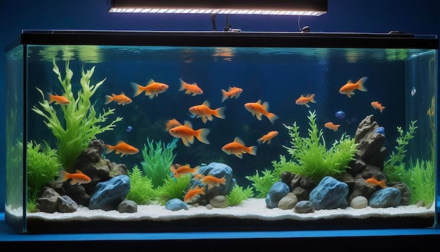 Vibrant Goldfish in a Clean Modern Aquarium with Greenery