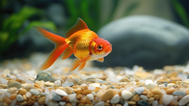 Vibrant goldfish swimming in a home aquarium with a pebbly bottom and green aquatic plants