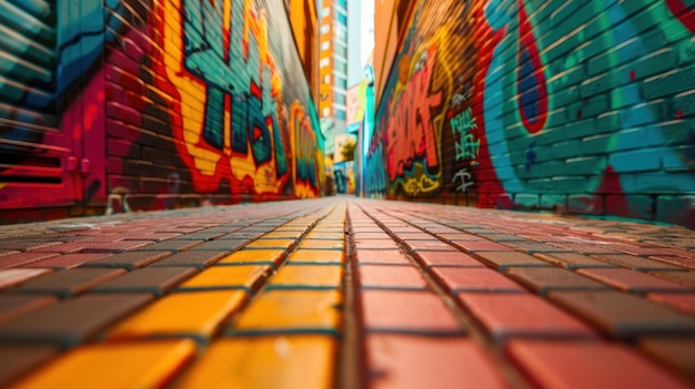 Photo vibrant graffiti alley with colorful murals and tiled walkway depicting urban street art in a narrow city passage