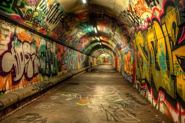 Vibrant Graffiti Art in Underground Subway Tunnel Urban Street Culture Expression