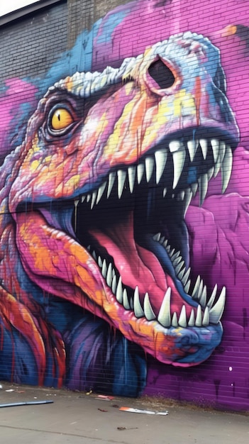 Vibrant Graffiti Artwork of a TRex Against a Dark Urban Wall AI Generated