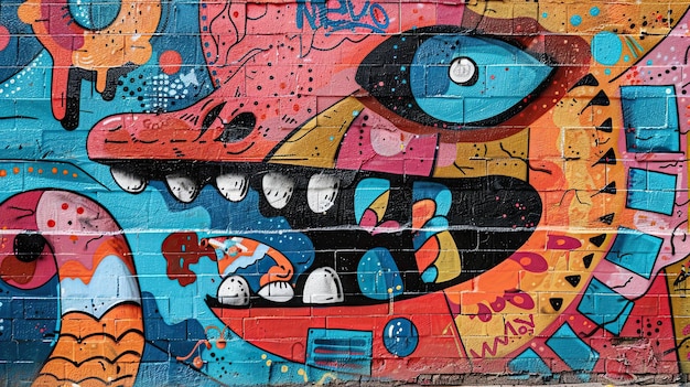 A vibrant graffiti scene featuring a colorful mural on an industrial warehouse showcasing expressive street art styles and bold patterns