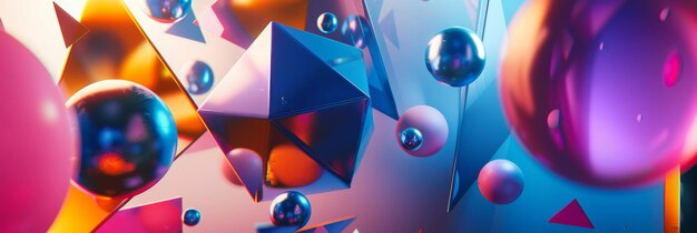 Vibrant graphic composition with abstract 3D elements like circles cubes spheres pyramids