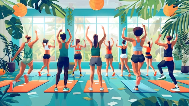 A Vibrant Graphic of Friends Exercising Together in a Joyful Gym Session