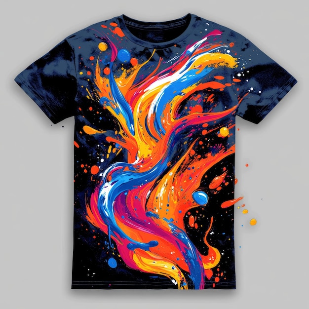 Photo a vibrant graphic tshirt design featuring colorful paint splashes and abstract patterns