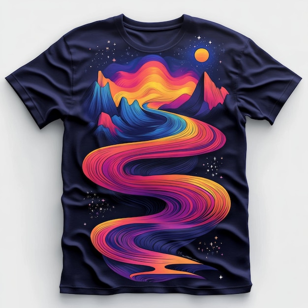 Photo a vibrant graphic tshirt design featuring a colorful winding river through mountains and stars