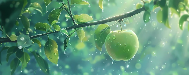 Vibrant Green Apple with Dew Drops Hanging Freshly on a Tree