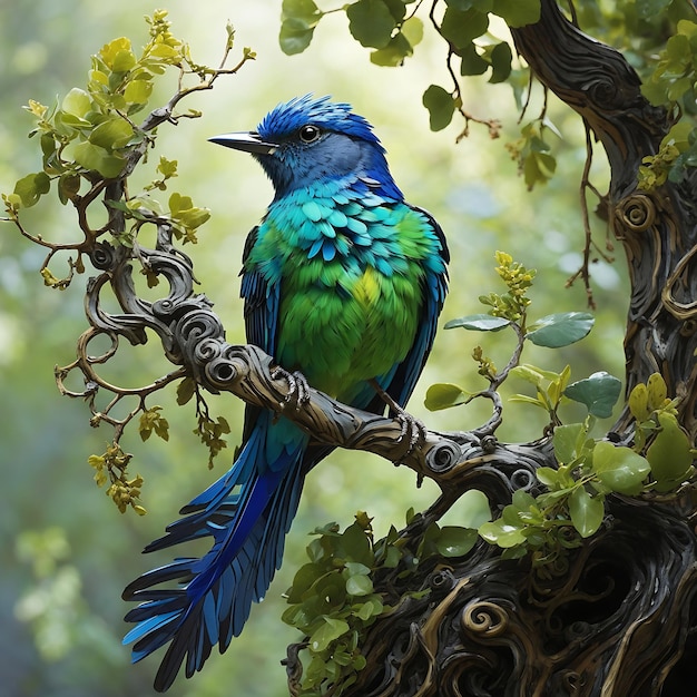 A vibrant green and blue bird with a long sapphire tail perched a gnarled tree branch Ai Generate