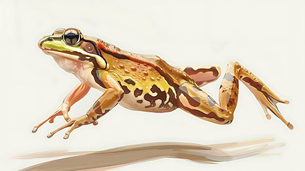 A vibrant green and brown frog leaping through the air its webbed feet extended