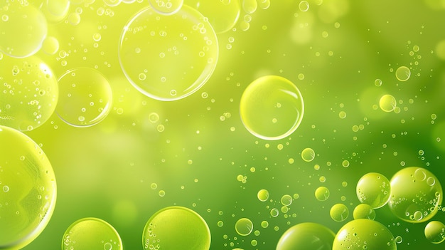 Vibrant Green Bubbles Background A closeup of glowing bubbles floating on a gradient green background ideal for designs and themes related to nature freshness and energy