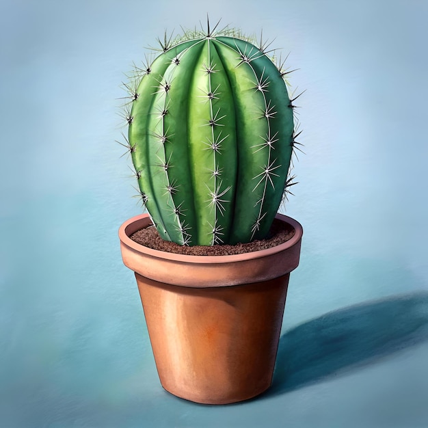 A vibrant green cactus with a brown pot rendered in watercolor