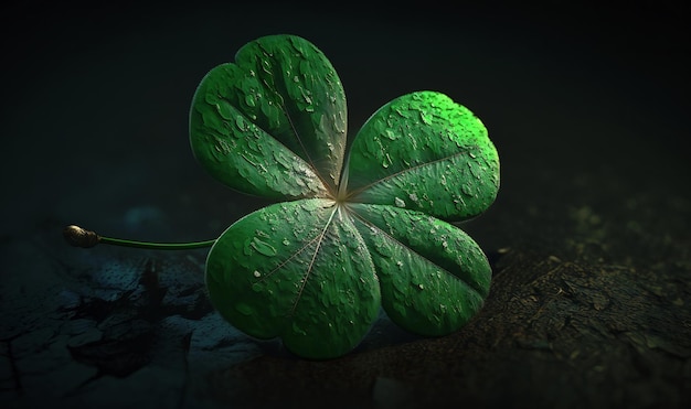 A vibrant green clover leaf stands out on a dark background its threeleaved design symbolizing good luck and fortune as the shamrocks of Ireland