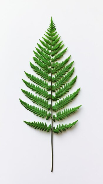 A vibrant green fern leaf displayed on a light background showcasing intricate details of each frond and stem structure