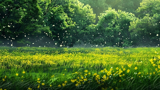 A vibrant green field covered with yellow blossoms set against a backdrop of thriving green grass and the subtle presence of spring snow the scene captures the essence of a spring park with golden