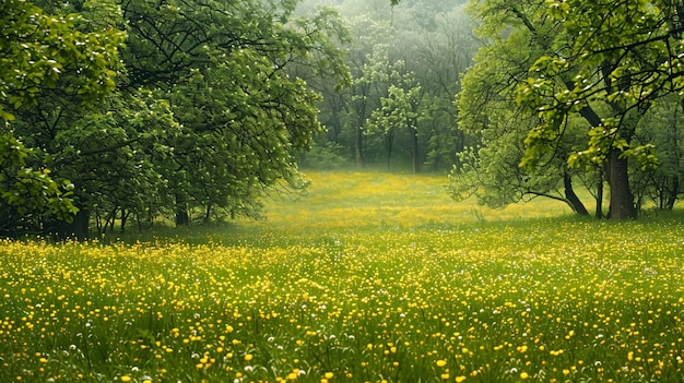 A vibrant green field covered with yellow blossoms set against a backdrop of thriving green grass and the subtle presence of spring snow the scene captures the essence of a spring park with golden