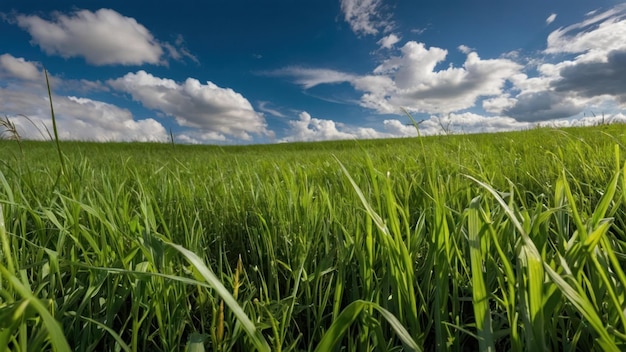 Vibrant green field under a expansive blue sky with fluffy clouds