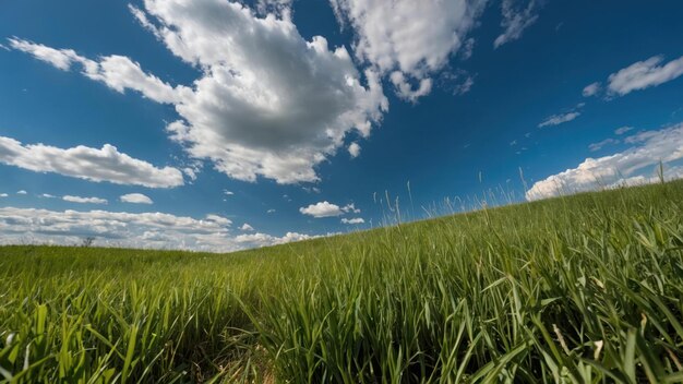 Vibrant green field under a expansive blue sky with fluffy clouds