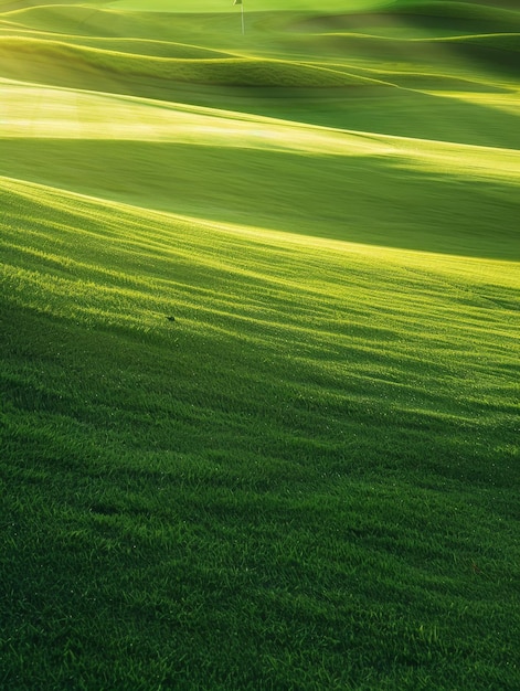 Photo a vibrant green field with rolling hills and gentle sunlight casting shadows this image captur