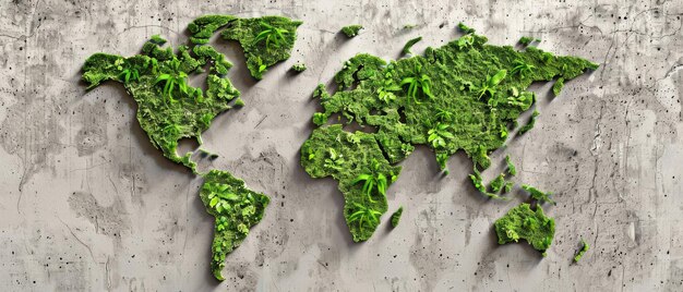 Photo a vibrant green foliage sculpture of a world map set against a textured gray wall symbolizing nature flourishing amidst urbanization