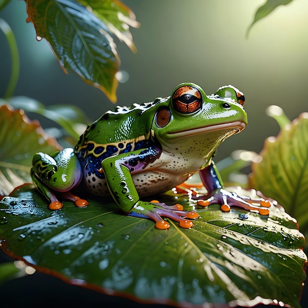 Vibrant Green Frog Perched on a Dewy Leaf