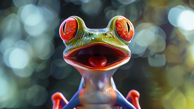 A vibrant green frog with red eyes is sitting on a leaf The frog is looking at the camera with its mouth open The background is blurred