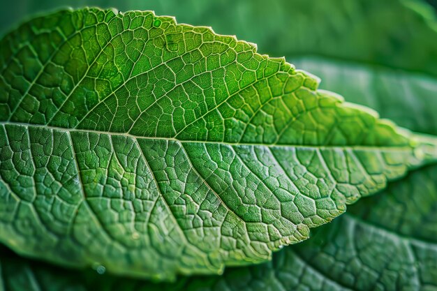 Vibrant green leaf detailed with fresh water droplets capturing the natural texture and veins of the leaf