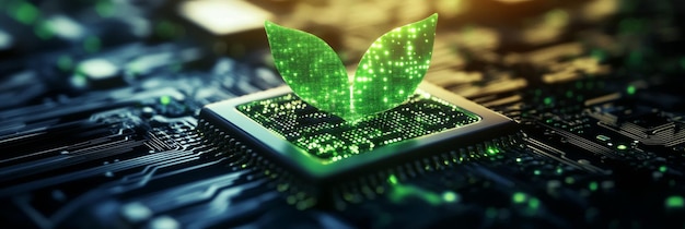 Photo a vibrant green leaf sprouts from a circuit board symbolizing the integration of nature and te