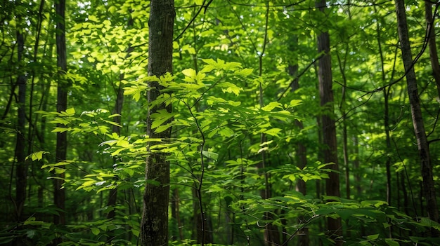 vibrant green leaves on trees in a dense forest