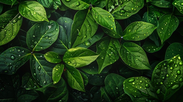 Vibrant Green Leaves with Fresh Water Drops Nature Background or Texture