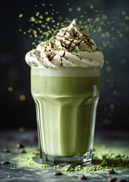 Photo vibrant green matcha latte with whipped cream and sprinkles