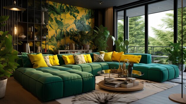 Vibrant green modular sofa in eclectic style interior