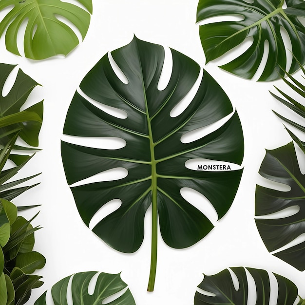 Photo vibrant green monstera leaf with glossy lobed segments on a white background