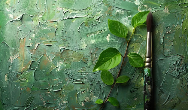 Vibrant green oil paint texture with plant and brush on canvas