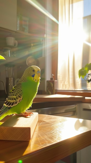 Photo vibrant green parakeet perched on a wooden surface in a sunlit kitchen concept of pet bird domestic animal sunlight indoor space vertical