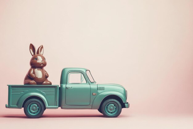 Photo a vibrant green pickup truck showcases a large chocolate bunny in its bed set against a soft beige background that enhances the festive atmosphere