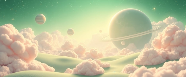 Photo a vibrant green and pink alien landscape with a ringed planet and glowing stars