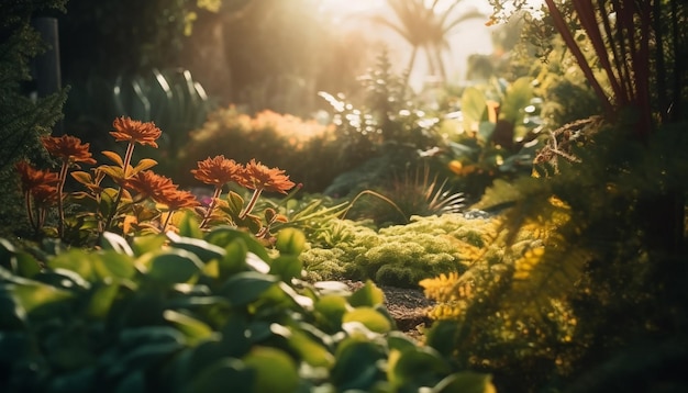 Vibrant green plant growth in formal garden generated by AI