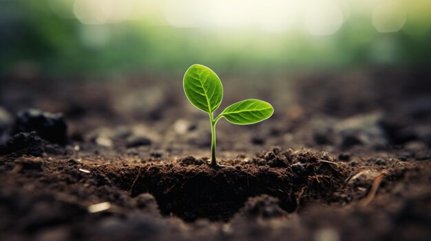 A vibrant green plant is seen sprouting from the ground