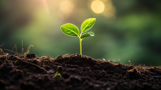 A vibrant green plant is seen sprouting from the ground