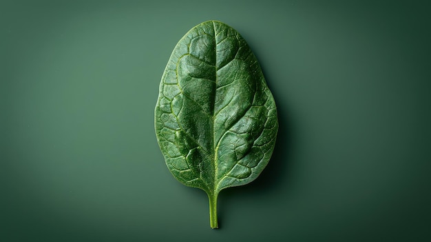 Photo vibrant green spinach leaf resting on a deep green surface showcasing its texture and natural freshness