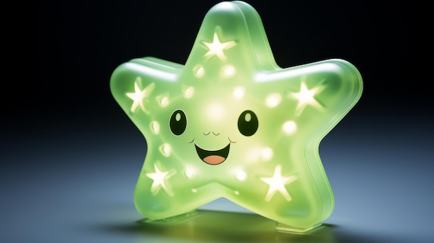 A vibrant green star emitting light adorned with a cheerful smile